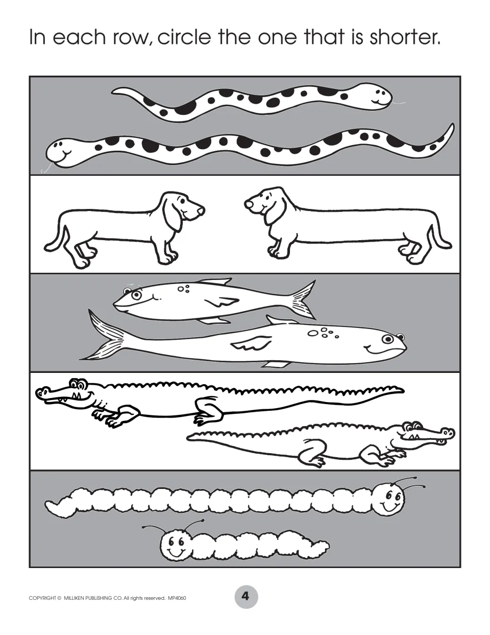 Length comparison: students circle the shorter snake, dachshund, fish, alligator and caterpillar in each row