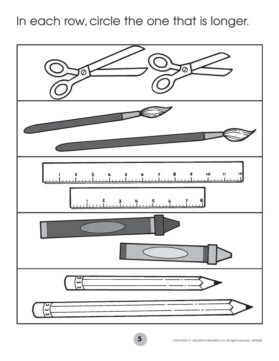 Length comparison: students circle the longer scissors, paintbrush, ruler, crayon and pencil in each row