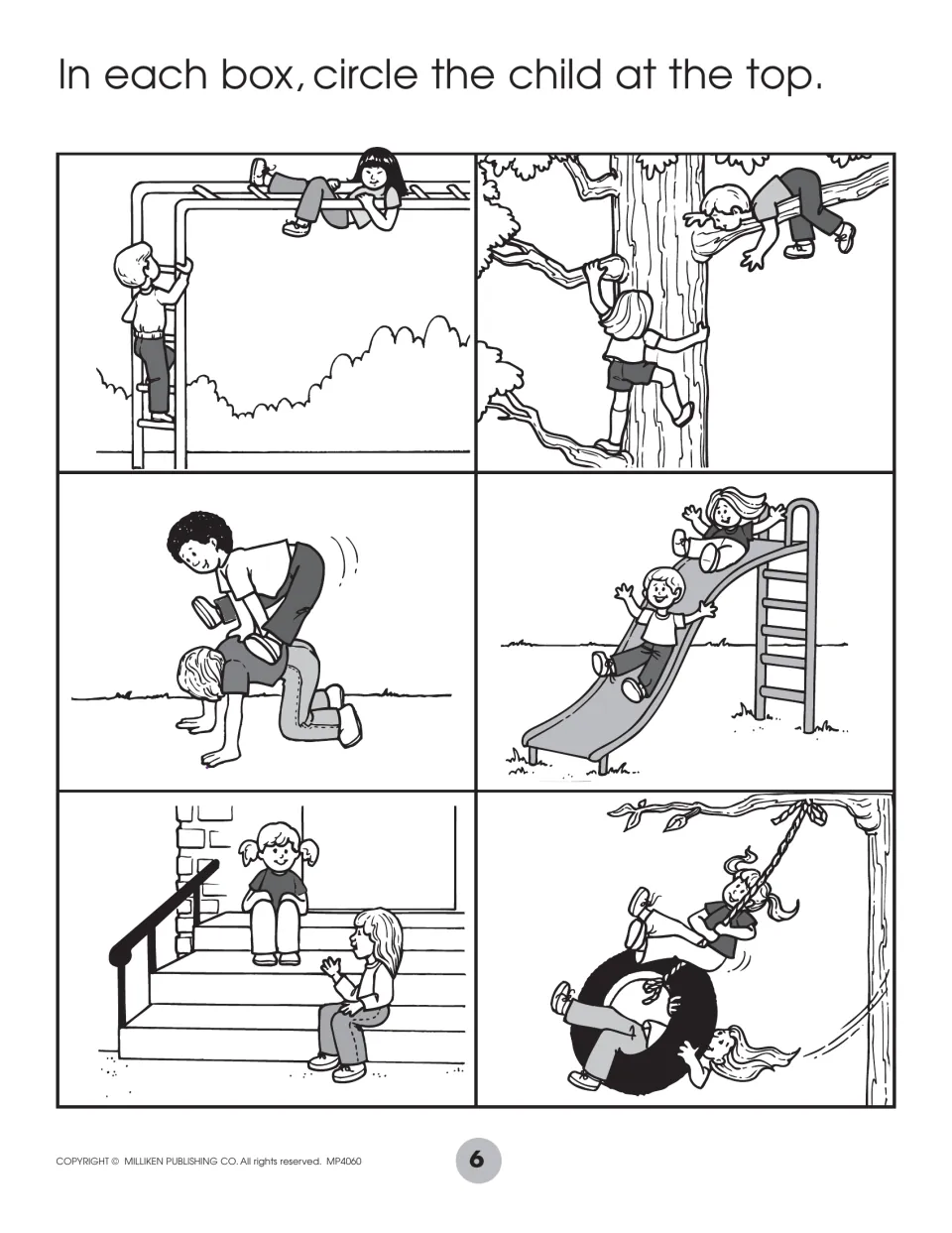 Position words: students circle the child at the top on monkey bars, a tree, leapfrog, a slide, steps and a tire swing