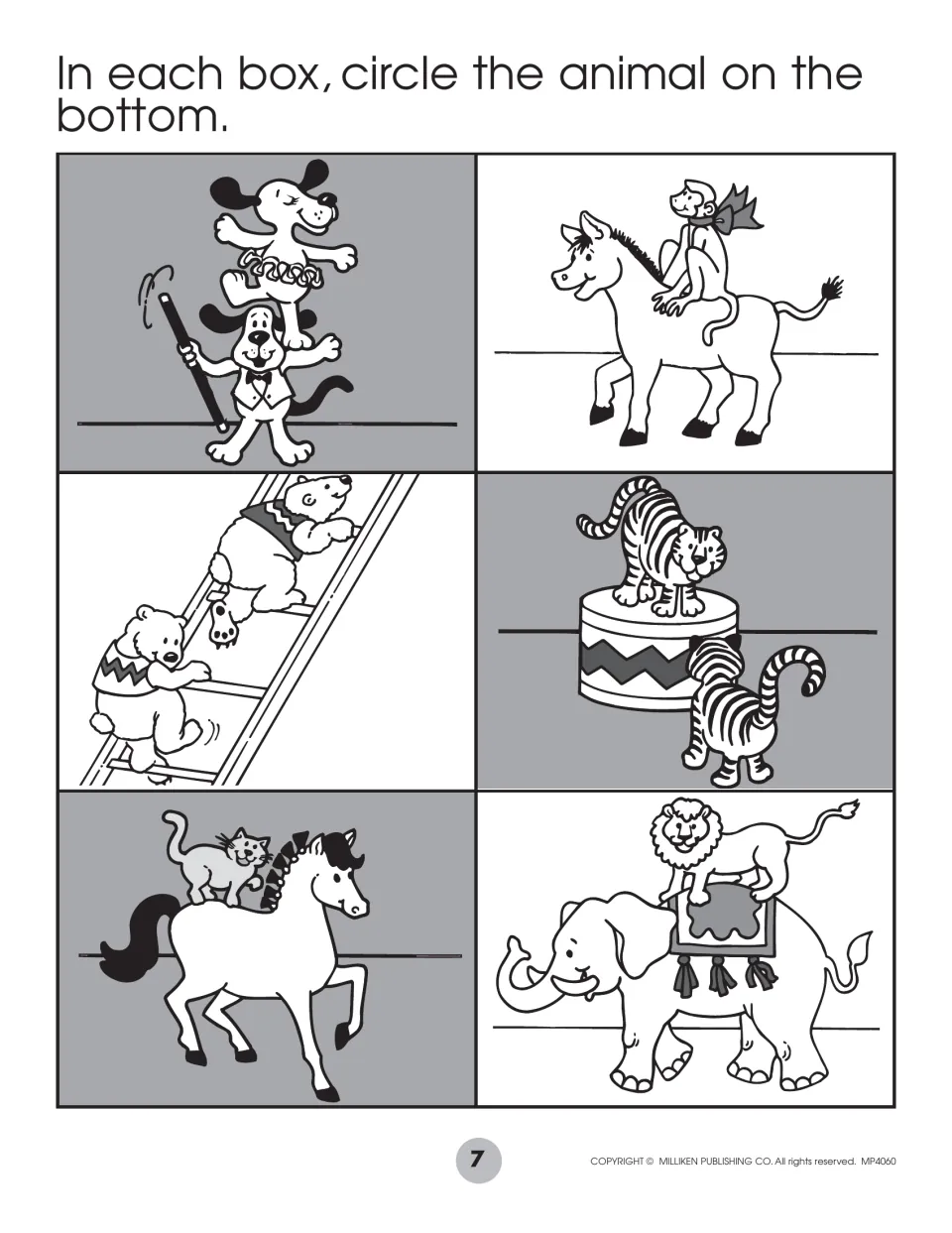 Position words: students circle the animal on the bottom in stacked circus pairs like dogs, bears, tigers and an elephant