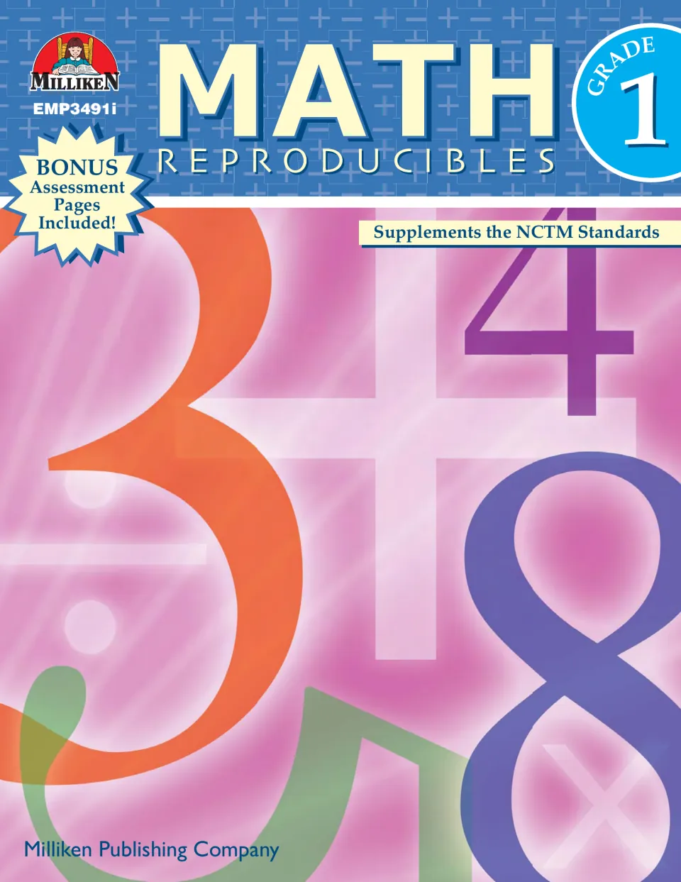 Math Reproducibles - Grade 1 cover identifies the workbook and announces included bonus assessment pages.