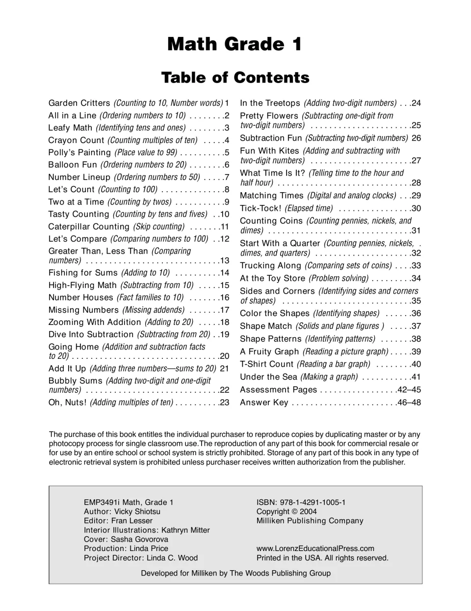 Table of contents lists 41 math activities, assessment pages 42–45, and answer-key pages 46–48.