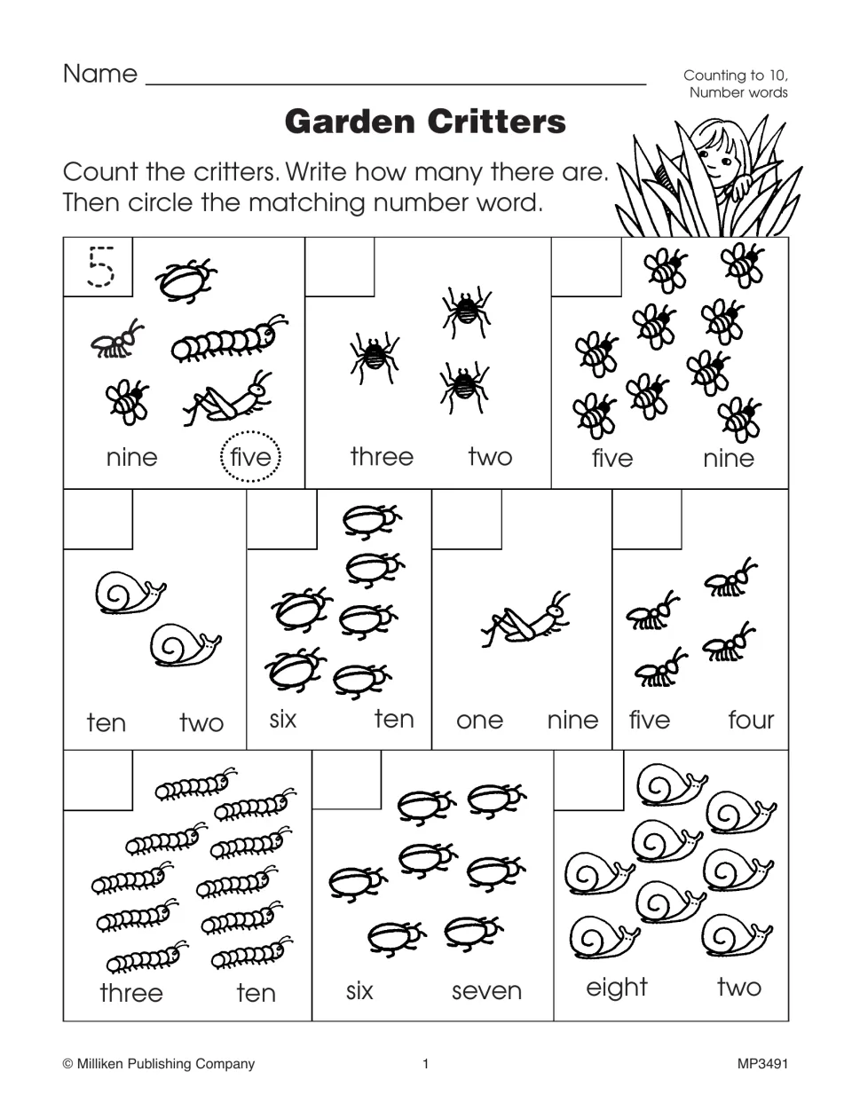 Garden Critters counting activity asks students to count animals, write totals, and circle matching number words.
