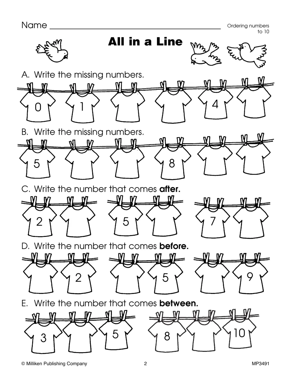 All in a Line number-ordering activity practices missing numbers to 10 and numbers before, after, and between.