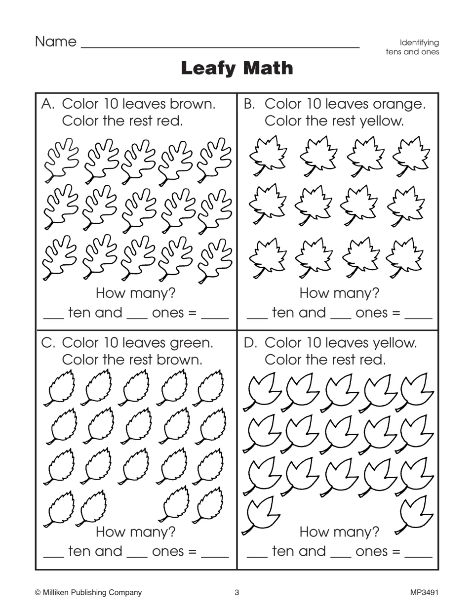 Leafy Math place-value activity asks students to color groups of 10 leaves and record tens, ones, and totals.