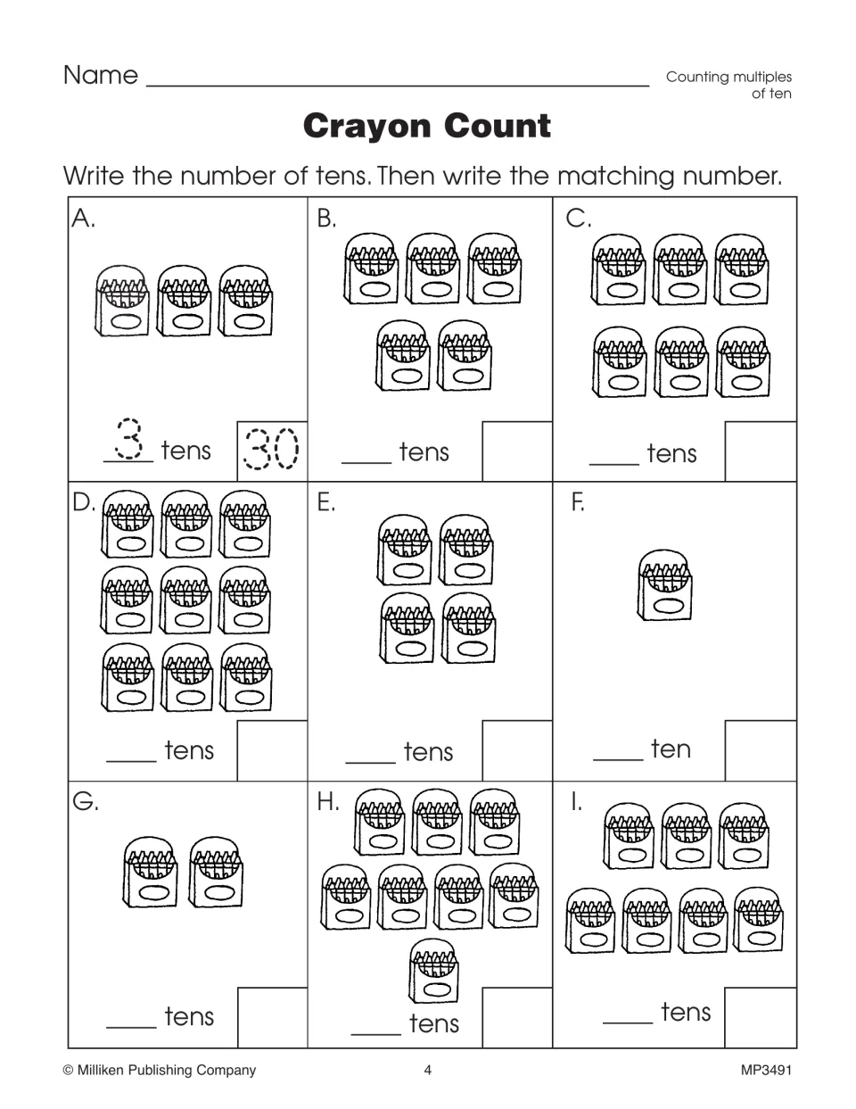 Crayon Count activity uses packs of crayons to count tens and write matching numbers, with 3 tens = 30 shown.