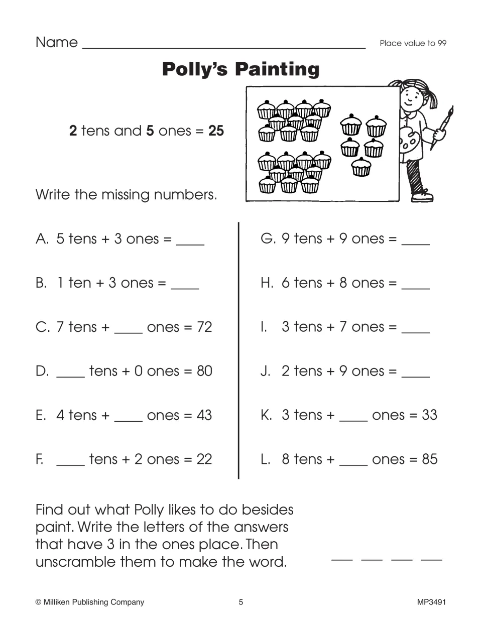 Polly’s Painting activity practices place value to 99 with missing tens, ones, and totals, plus a letter puzzle.