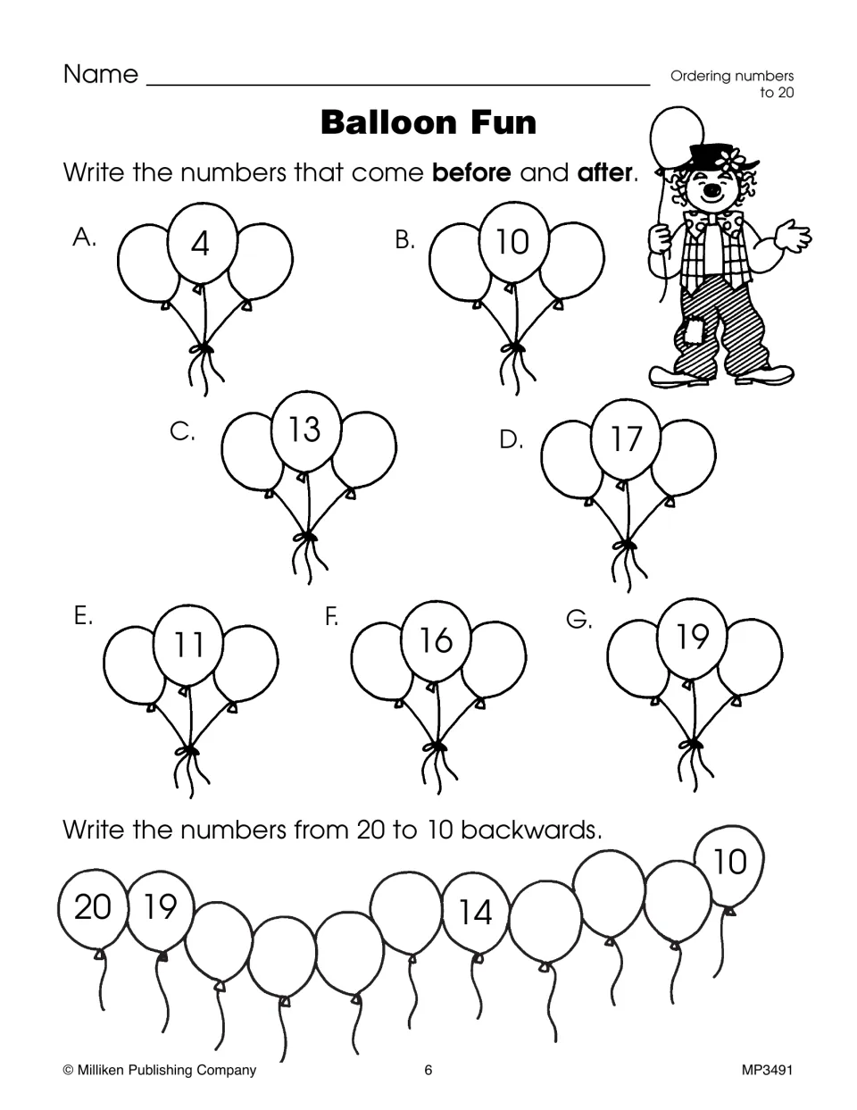 Balloon Fun number-ordering activity asks for numbers before and after given values and counting back from 20 to 10.
