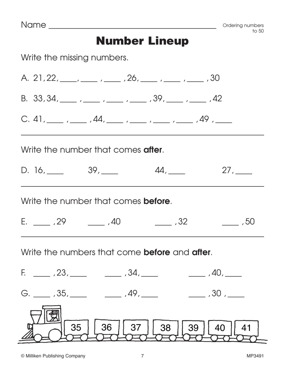 Number Lineup activity practices ordering numbers to 50 by completing sequences and finding numbers before and after.