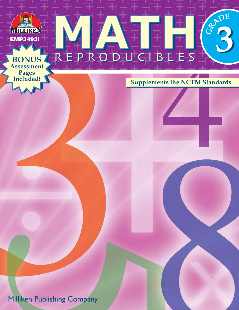 Cover of Milliken's Math Reproducibles, Grade 3, noting bonus assessment pages and that it supplements NCTM Standards