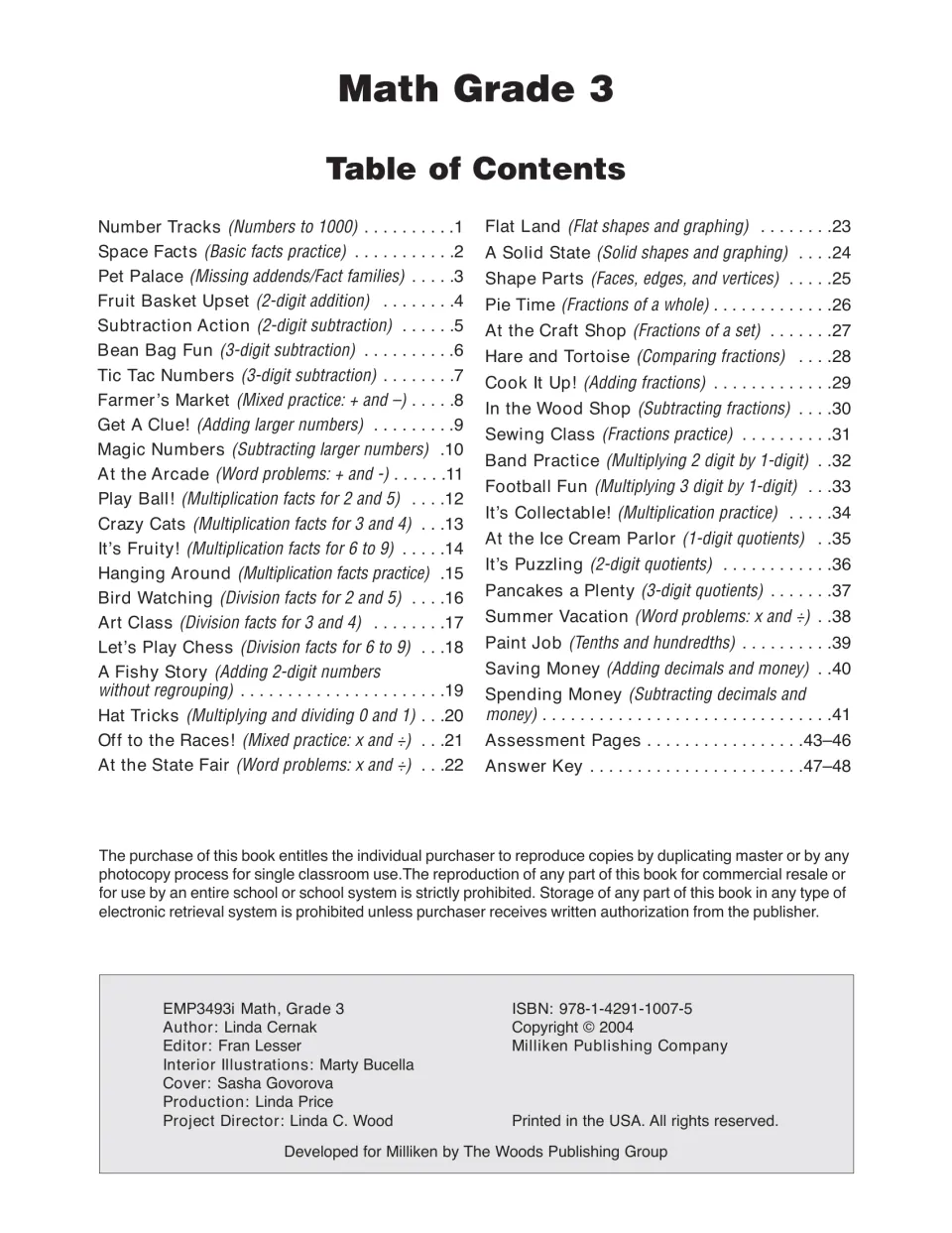 Table of contents listing 41 themed math activities, from numbers to 1,000 through decimals and money, plus assessments