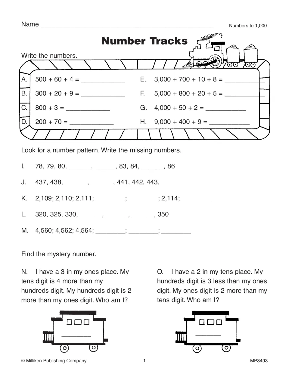 Number Tracks: students write numbers from expanded form, fill in missing numbers in patterns and solve mystery numbers