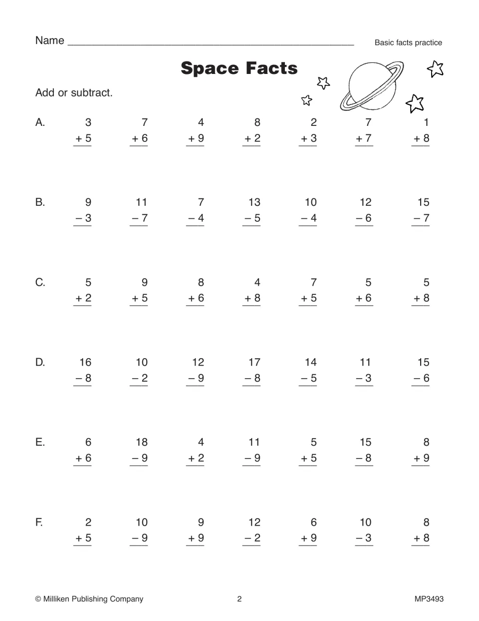 Space Facts: students solve six rows of basic addition and subtraction facts within 20, 42 problems in all