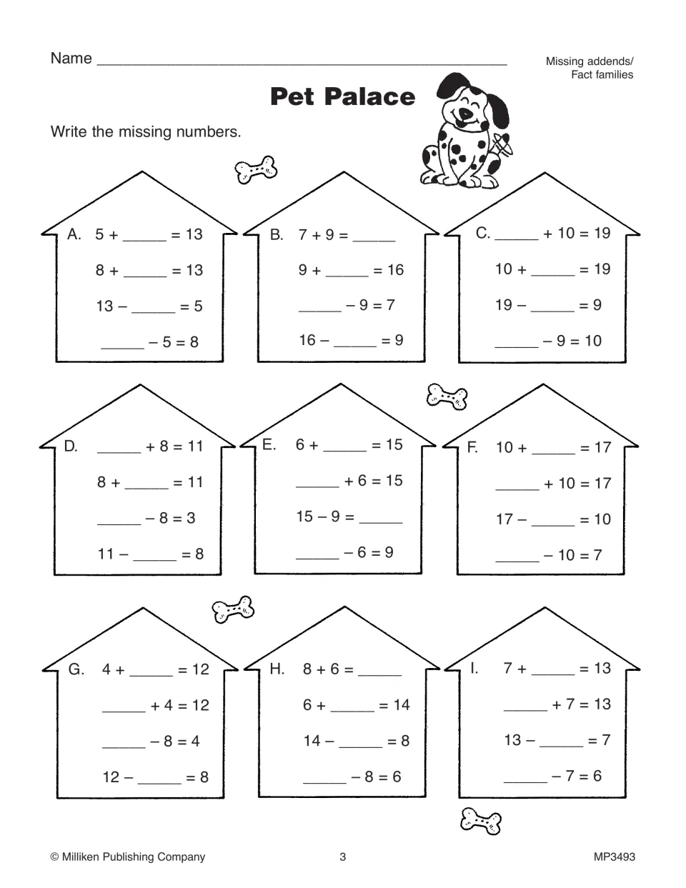 Pet Palace: students write missing numbers in nine doghouse fact families, practising missing addends and related facts