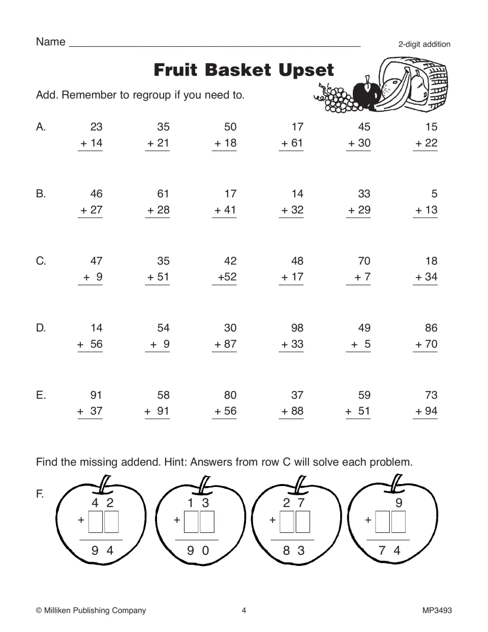 Fruit Basket Upset: students add 2-digit numbers with regrouping, then find missing addends in four apples using row C