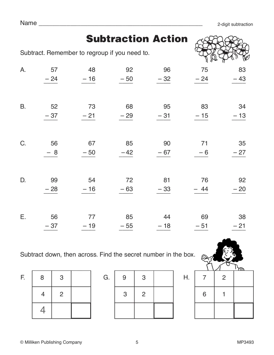 Subtraction Action: students subtract 2-digit numbers with regrouping, then subtract down and across for secret numbers