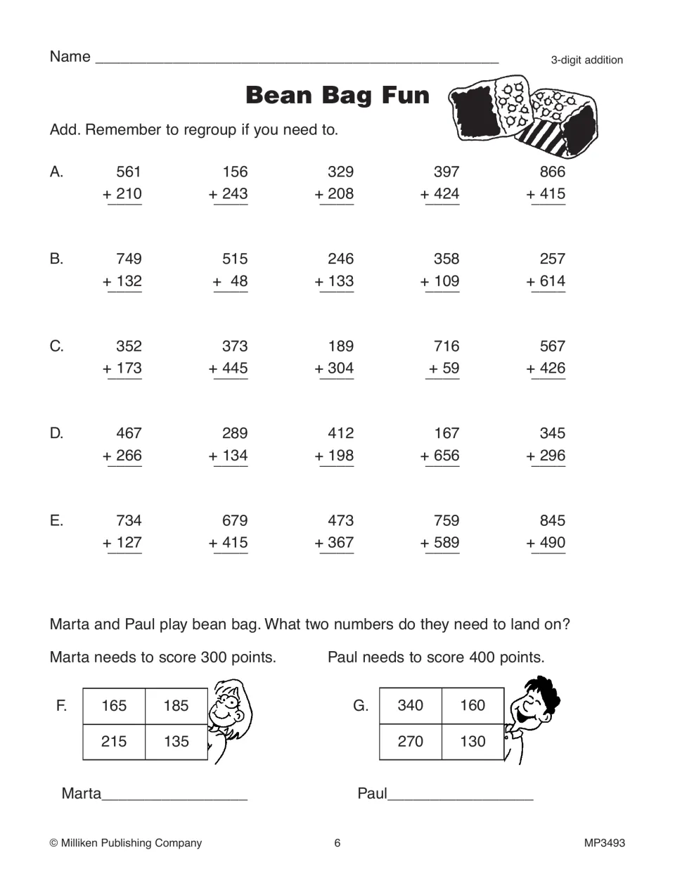 Bean Bag Fun: students add 3-digit numbers with regrouping, then pick two scores that make 300 for Marta and 400 for Paul