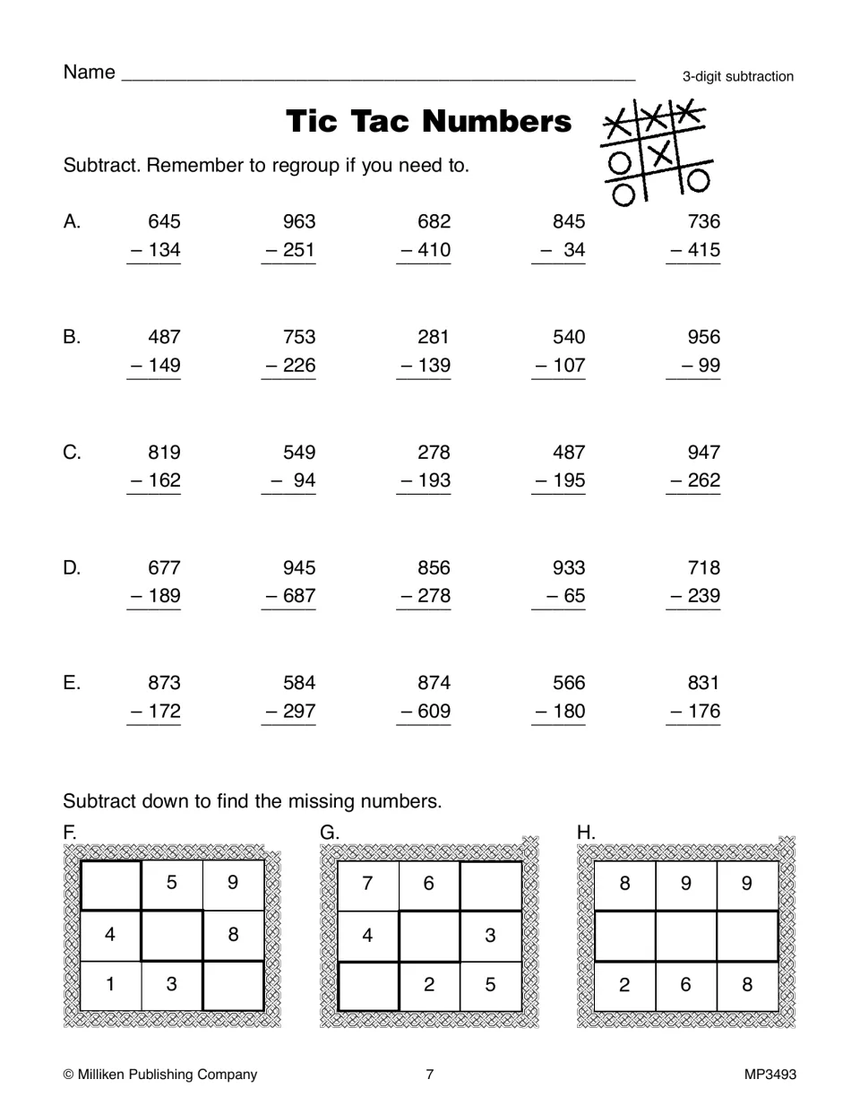 Tic Tac Numbers: students subtract 3-digit numbers with regrouping, then subtract down to complete 3 number puzzles
