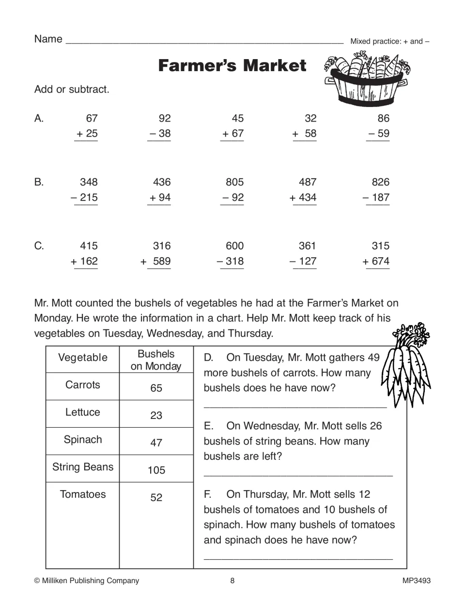 Farmer's Market: students add and subtract 2- and 3-digit numbers, then use a bushel chart to solve word problems