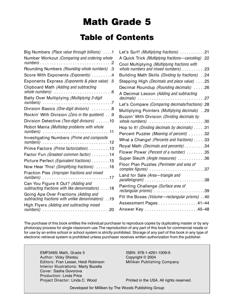 Workbook table of contents lists 40 math topics, assessment pages 41–44, and answer-key pages 45–48