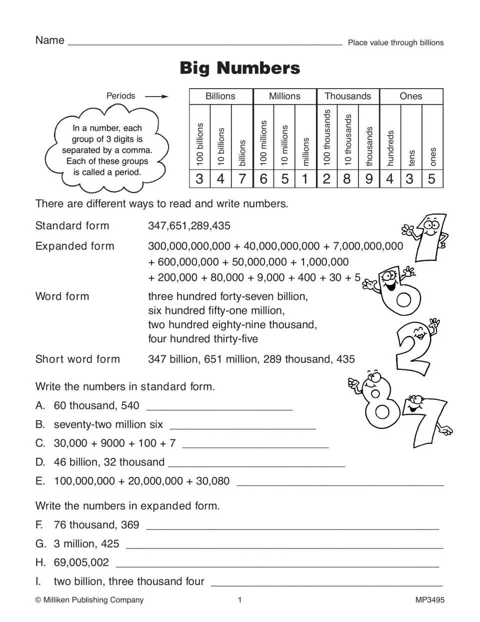 Big Numbers practice page teaches place value through billions and asks for standard and expanded forms