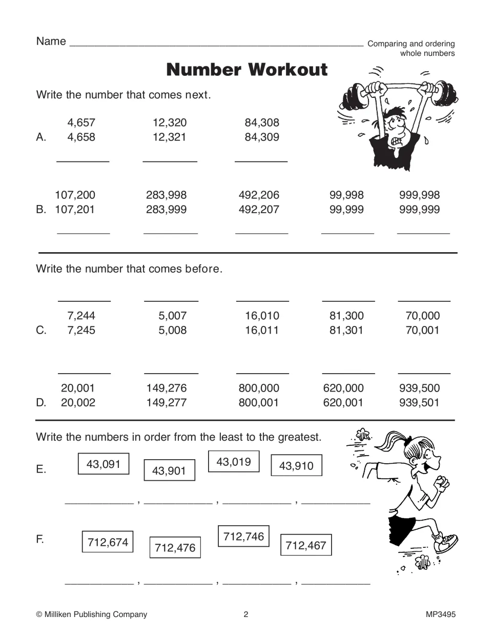 Number Workout practice page asks for numbers before and after given values and orders whole numbers