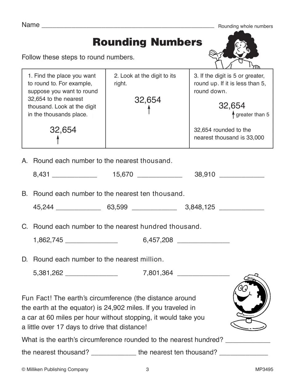 Rounding Numbers practice page covers rounding to thousands through millions and Earth's circumference