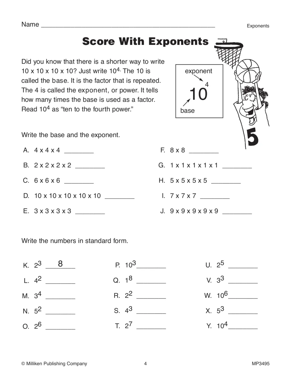 Score With Exponents practice page explains bases and powers, then converts repeated factors and powers