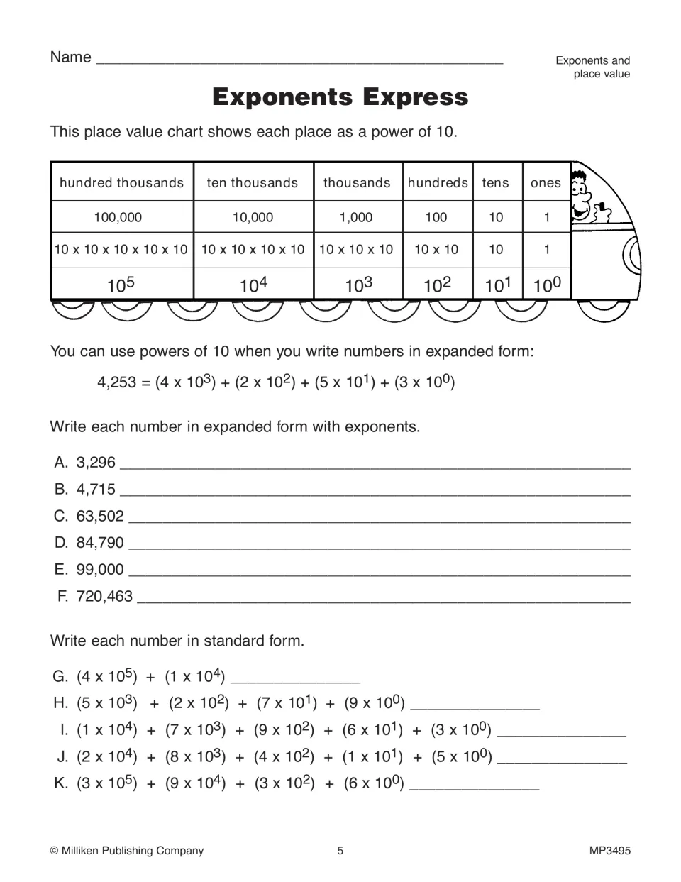 Exponents Express practice page uses powers of 10 to write numbers in expanded form and standard form
