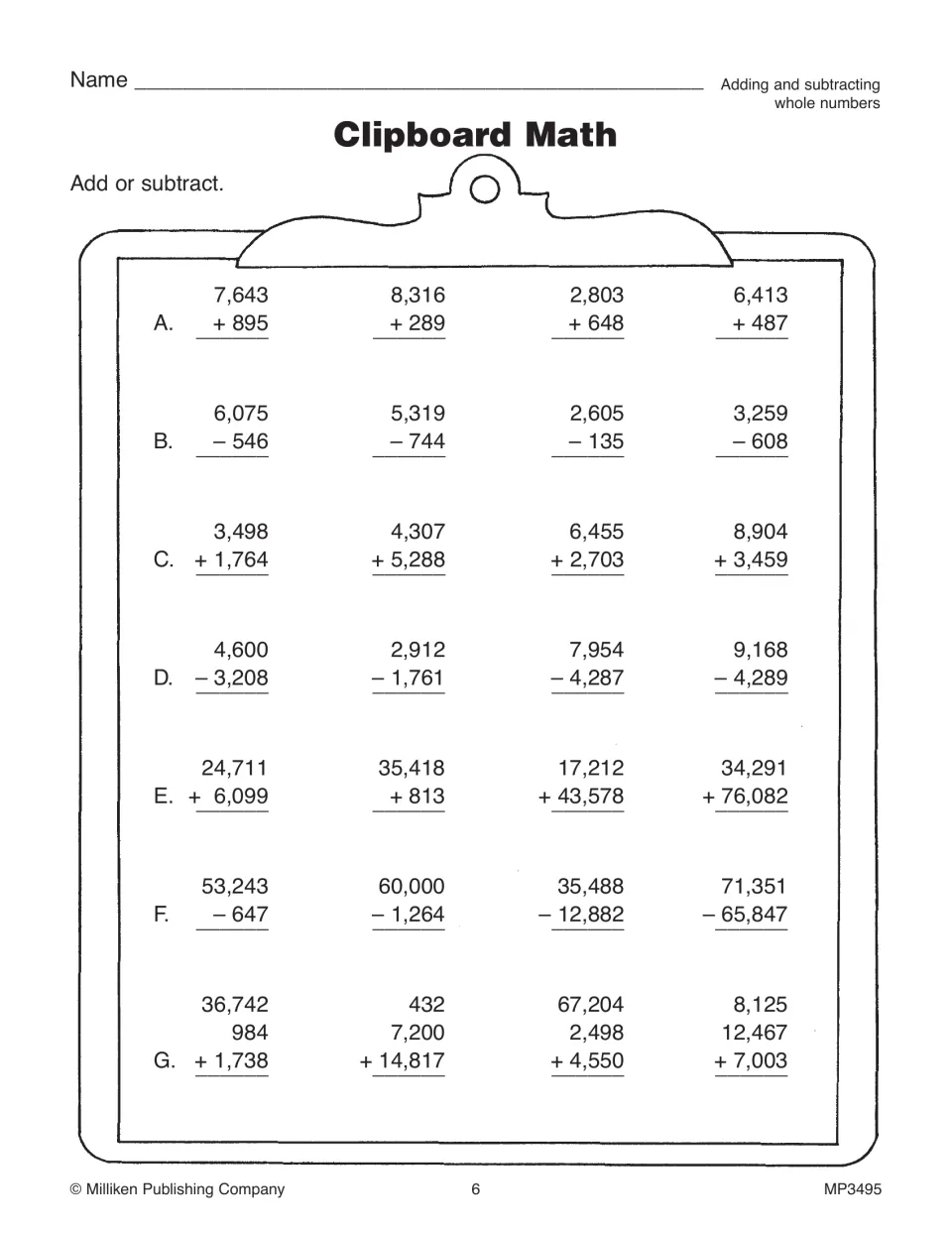 Clipboard Math practice page presents 28 whole-number addition and subtraction problems in seven sets