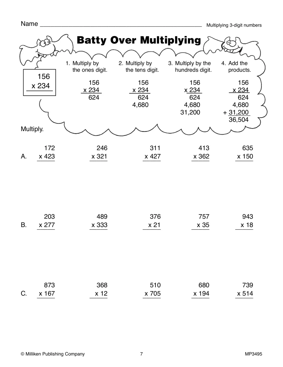 Batty Over Multiplying practice page models 156 × 234, then gives 15 problems using three-digit numbers