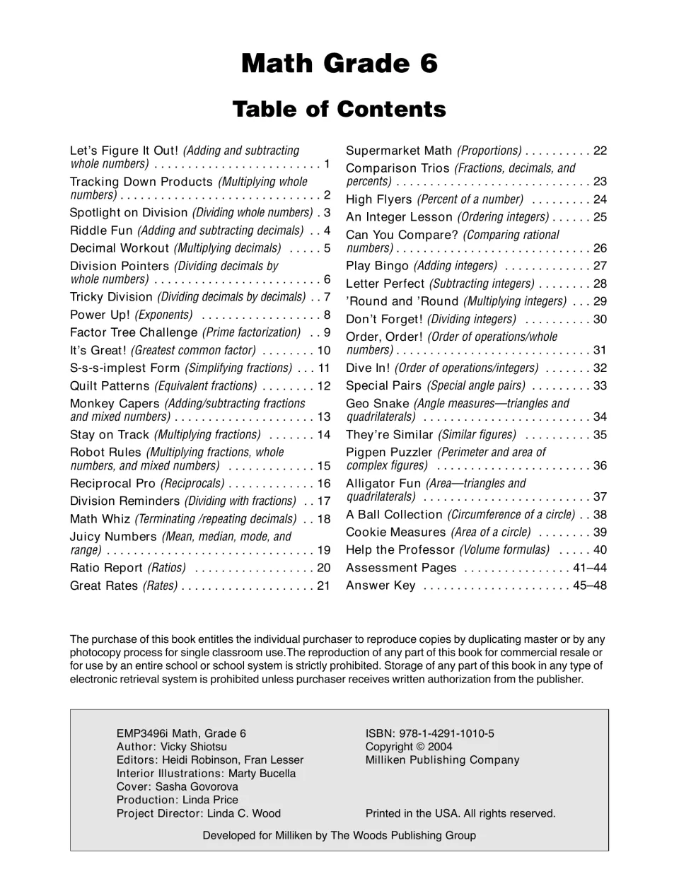 Table of contents: 40 activity pages from whole-number operations to volume formulas, plus assessments and answer key