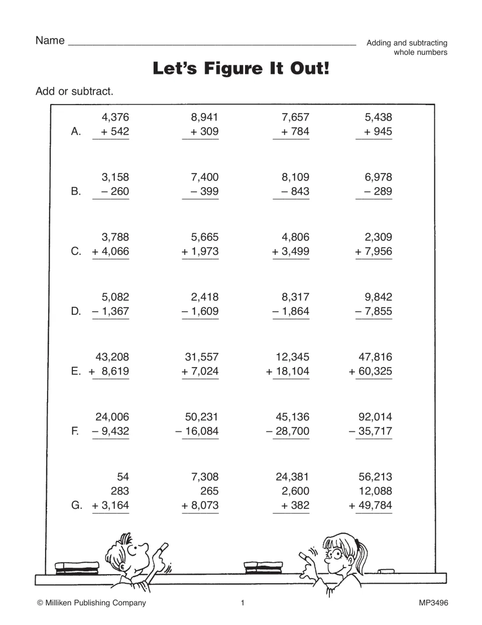 Let's Figure It Out!: students add and subtract multi-digit whole numbers in 28 problems, including three-addend sums