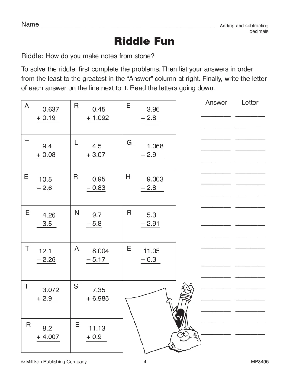 Riddle Fun: students add and subtract decimals, order the 19 answers least to greatest, then decode a riddle