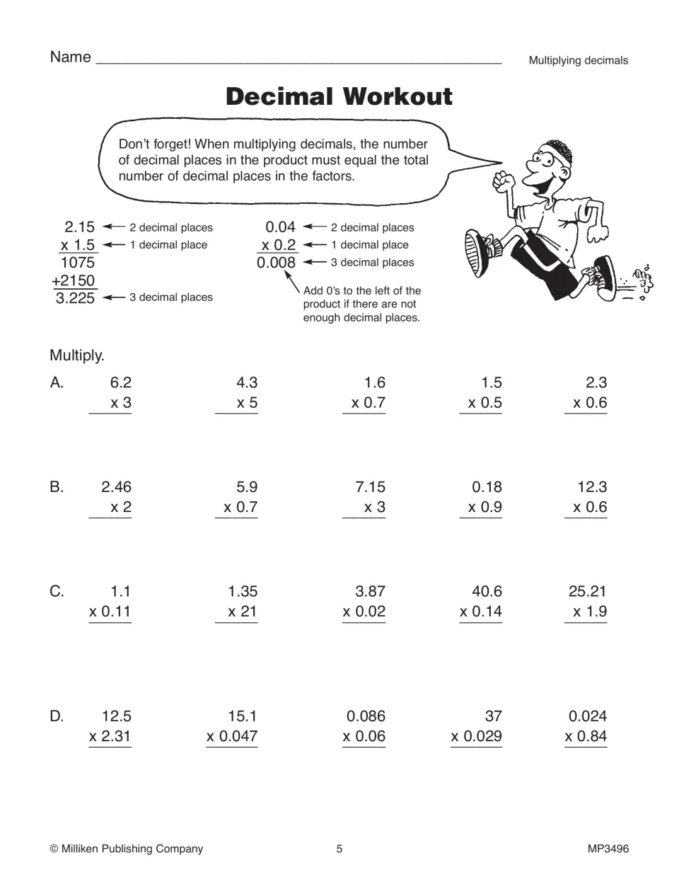Decimal Workout: students count decimal places to multiply decimals in 20 problems, after a tip and two worked examples