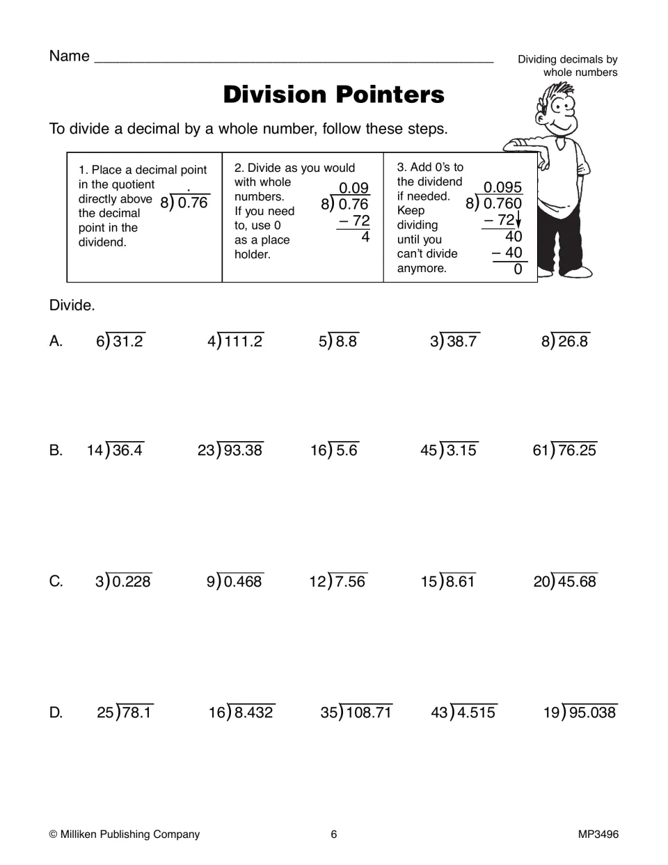 Division Pointers: students divide decimals by whole numbers in 20 problems after a three-step model using 8 into 0.76