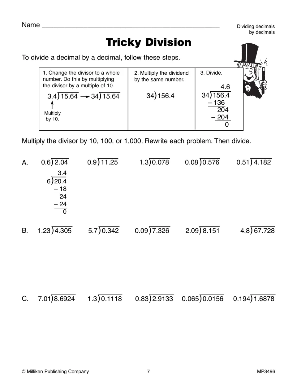 Tricky Division: students make each divisor a whole number by multiplying by 10, 100 or 1,000, then solve 15 problems