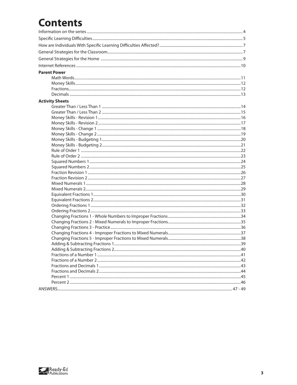 Contents: SLD notes, Parent Power pages, and 33 activity sheets from Greater Than / Less Than to Percent
