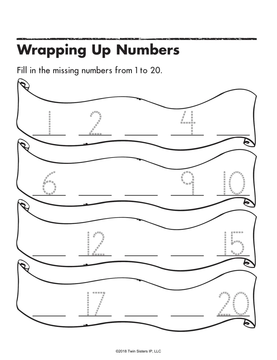 Wrapping Up Numbers: students fill in the missing numbers from 1 to 20 on four banners, tracing the given numbers