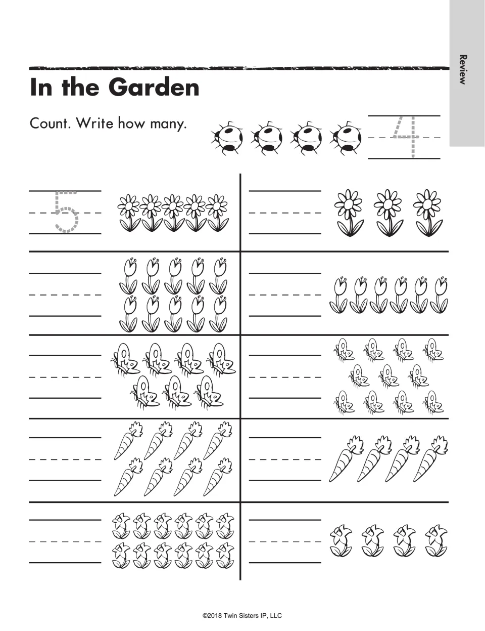 In the Garden counting: students count sets of ladybugs, flowers, butterflies and carrots and write how many in each set