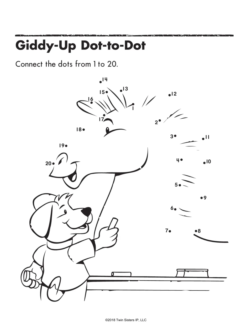 Giddy-Up Dot-to-Dot: students connect the dots from 1 to 20 to finish a picture a cartoon dog is drawing on a chalkboard