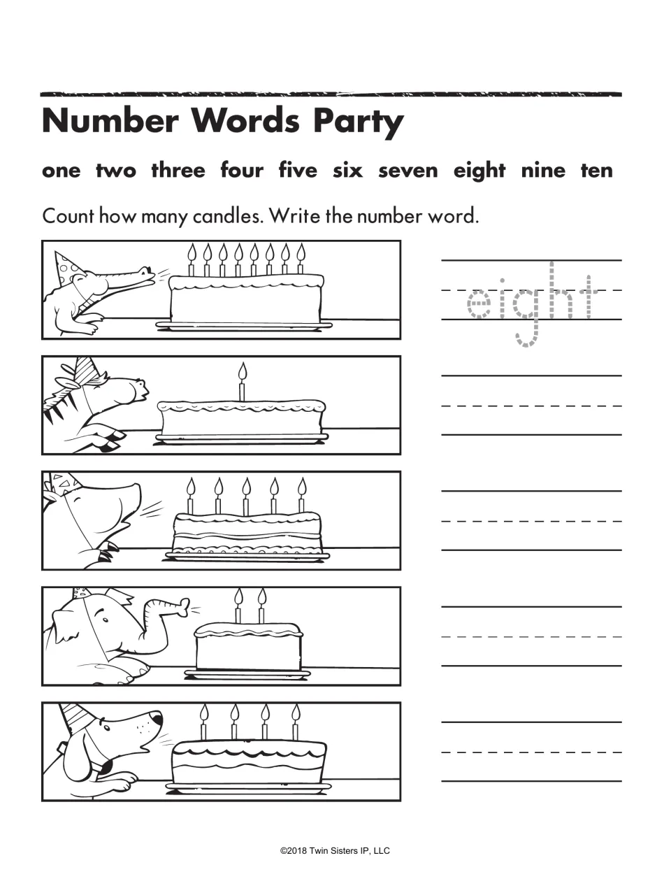 Number Words Party: students count the candles on five animals' birthday cakes and write each number word from a word bank