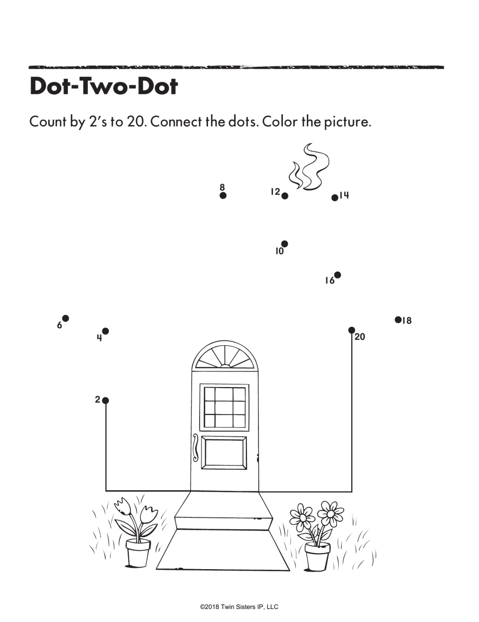 Dot-Two-Dot skip counting: students count by 2s to 20 and connect the dots to draw a house around a front door, then color