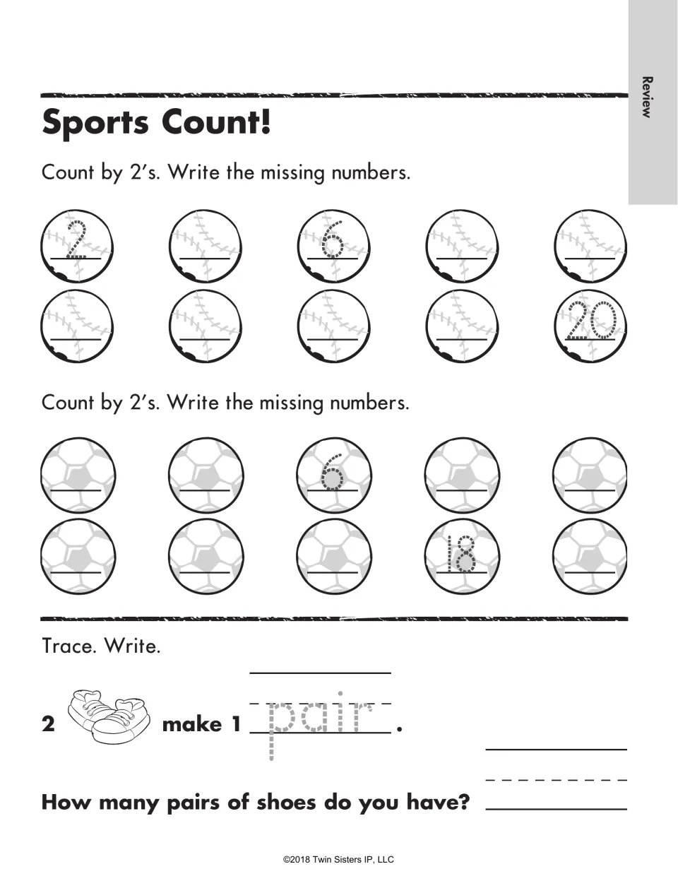 Sports Count! skip counting by 2s: students write missing numbers on baseballs and soccer balls, trace pair and count shoes