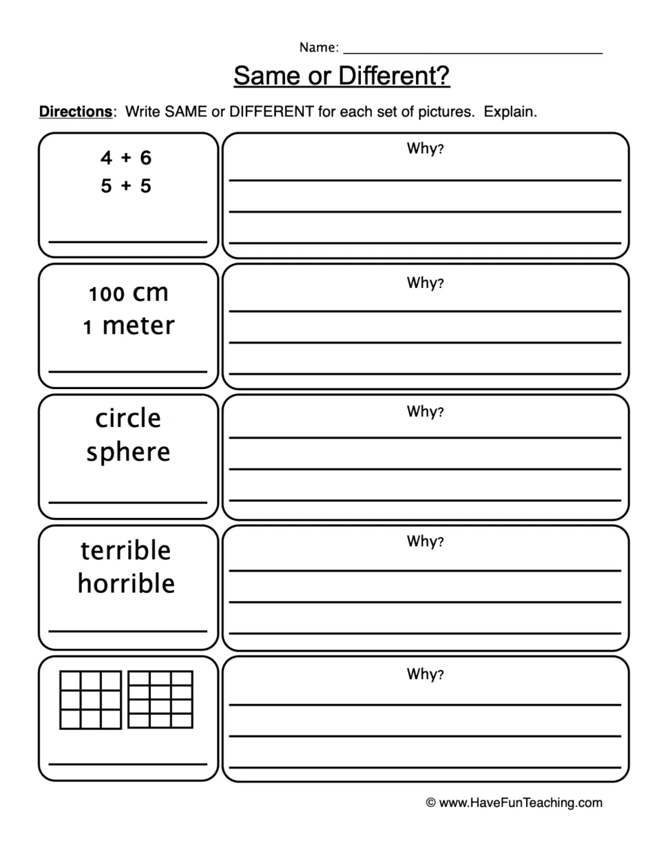 Same or Different?: students compare pairs like 4+6 and 5+5, 100 cm and 1 meter, circle and sphere, and explain why