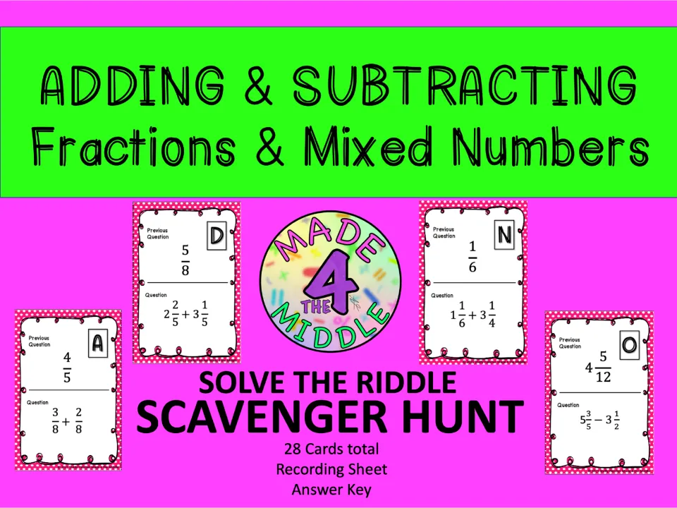 Scavenger hunt cover for adding and subtracting fractions and mixed numbers, listing cards and an answer key