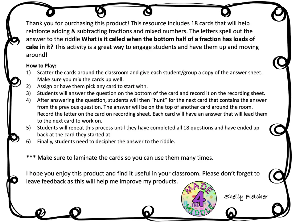 Scavenger hunt directions: solve 18 questions, find matching answers on other cards, and decode a riddle
