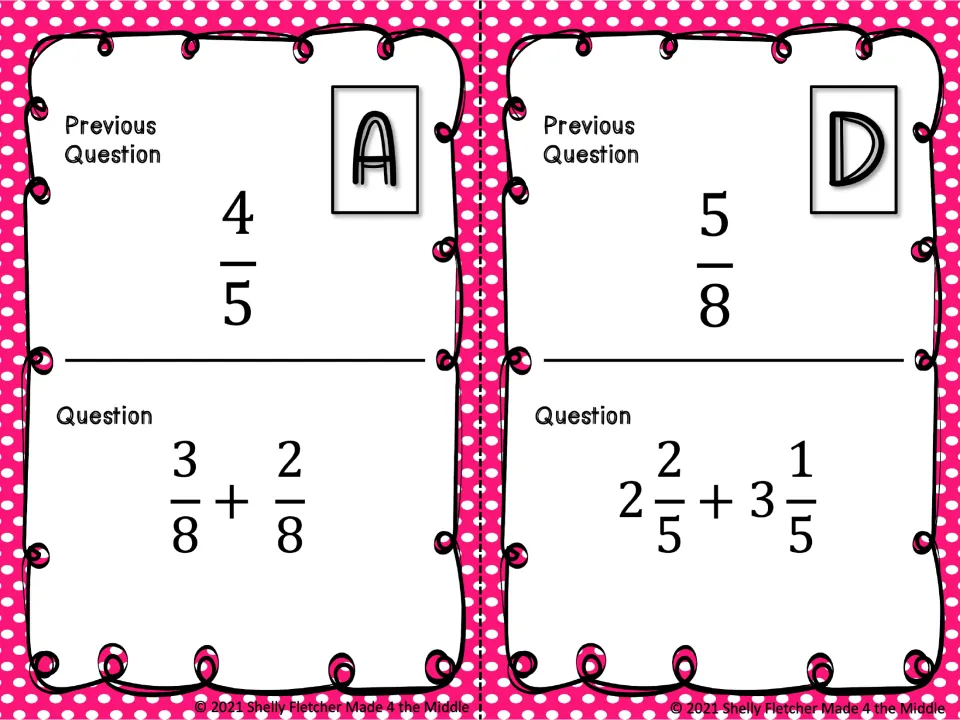 Scavenger hunt cards A and D: add 3/8 + 2/8 and 2 2/5 + 3 1/5; previous-question answers are 4/5 and 5/8