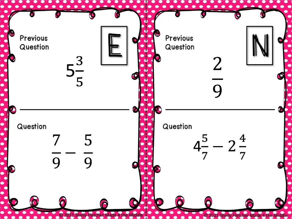Scavenger hunt cards E and N: subtract 7/9 − 5/9 and 4 5/7 − 2 4/7; previous answers are 5 3/5 and 2/9