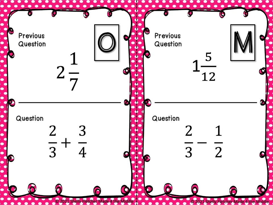 Scavenger hunt cards O and M: solve 2/3 + 3/4 and 2/3 − 1/2; previous answers are 2 1/7 and 1 5/12